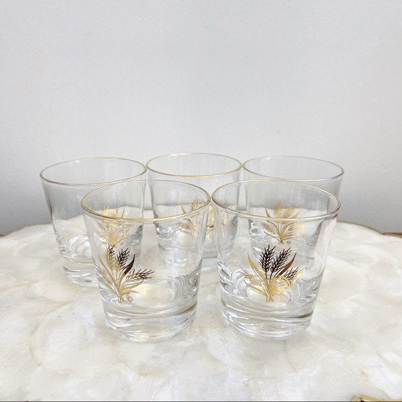 MCM Gilt Gold Trim Wheat Glass Tumblers Bar Cart Bar Drinking Glasses 3 1/4” - Picture 12 of 16